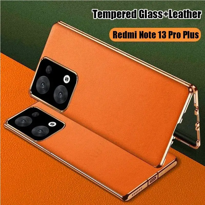 For Redmi Note 13 Pro Plus Tempered Glass Leather Phone Case For Redmi Note 12 Turbo 13 Pro 360 Double Sided Magnetic Flip Cover