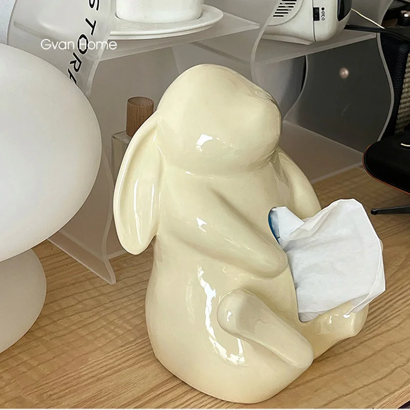 cute bunny tissue box ceramic cream color living room bedroom decoration light luxury and high sense of home accessorie