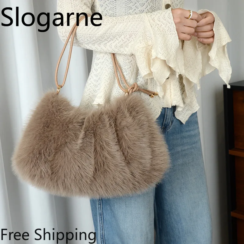 Women's Autumn Winter Fur Handbag Ladies Fashion Faux Fur Bag Solid Color Large Capacity Zipper Fluffy Messenger Shoulder Bag