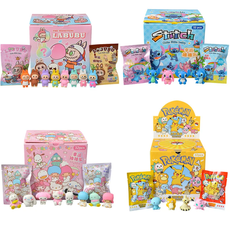 

32Pcs/Set Anime Sanrio Blind Box CapyBara Labubu Figures Stitch Figure Cartoon Eraser Model Doll Toys For Children's Gift