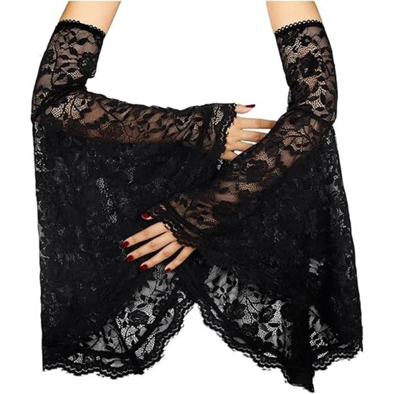  Lace Flower Arm Gloves Breathable Polyester Arm Sleeves with Trumpet Cuffs for Theme Occasion Halloween Event Accessory