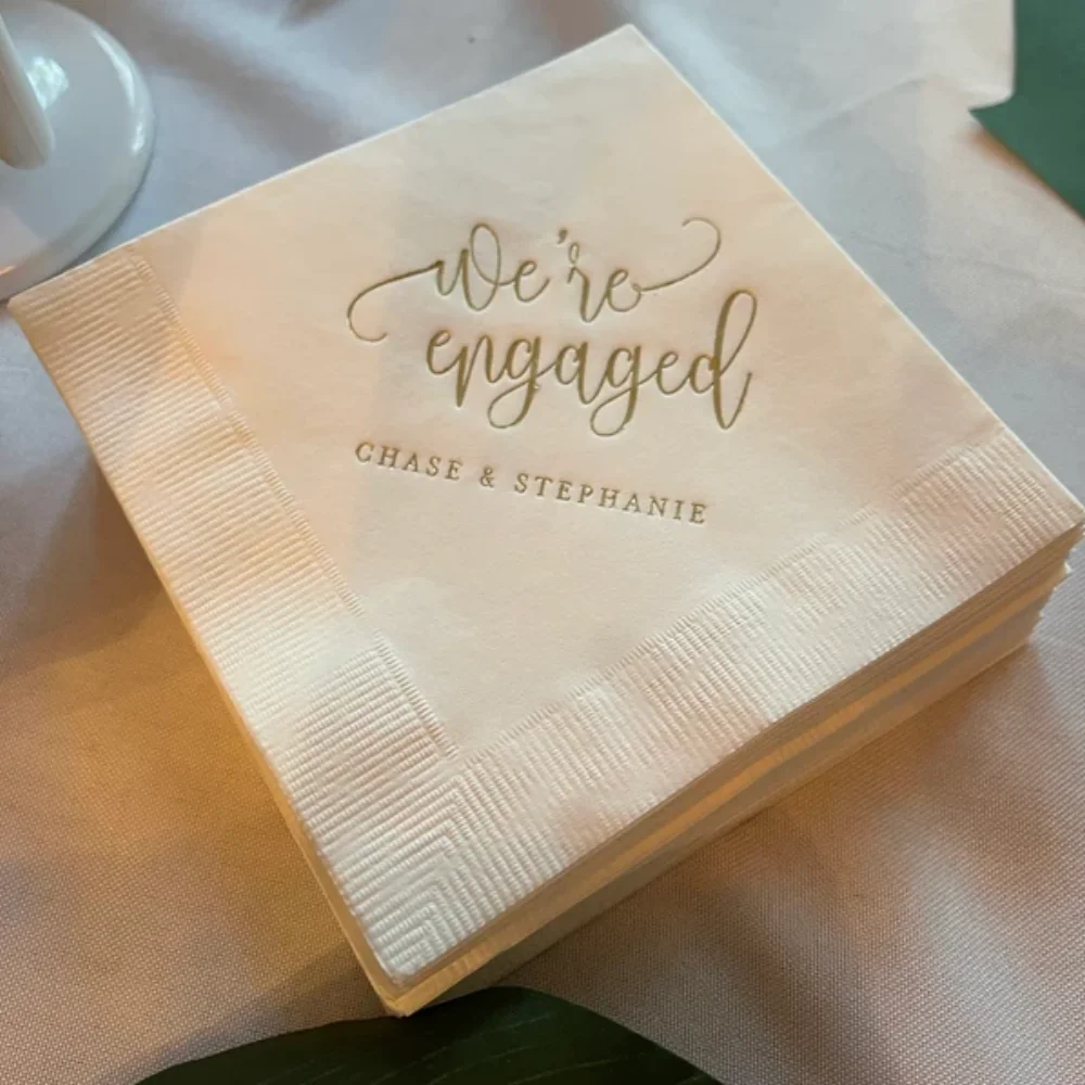 

50Pcs Personalized Wedding Cocktail Napkins - We're Engaged Personalized Napkins, Engagement Party Receptions Lunches Dinners