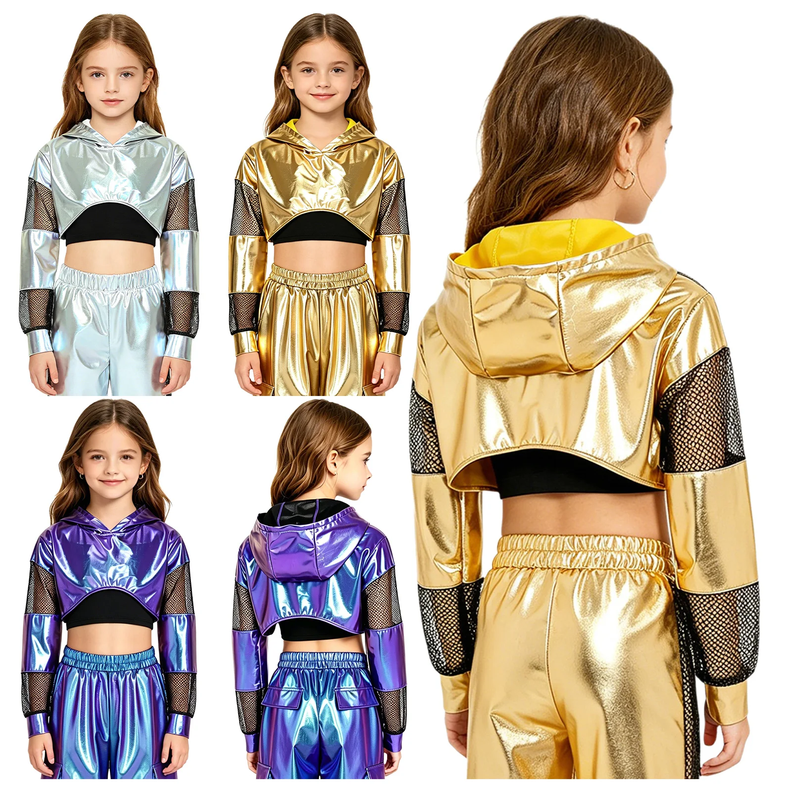 Kinder Mädchen Metallic Hoodie Hip-Hop Jazz Dance Performance Kostüm Mesh Patchwork Langarm Kapuzenpullover Crop Top Sweatshirt – Detail 2
