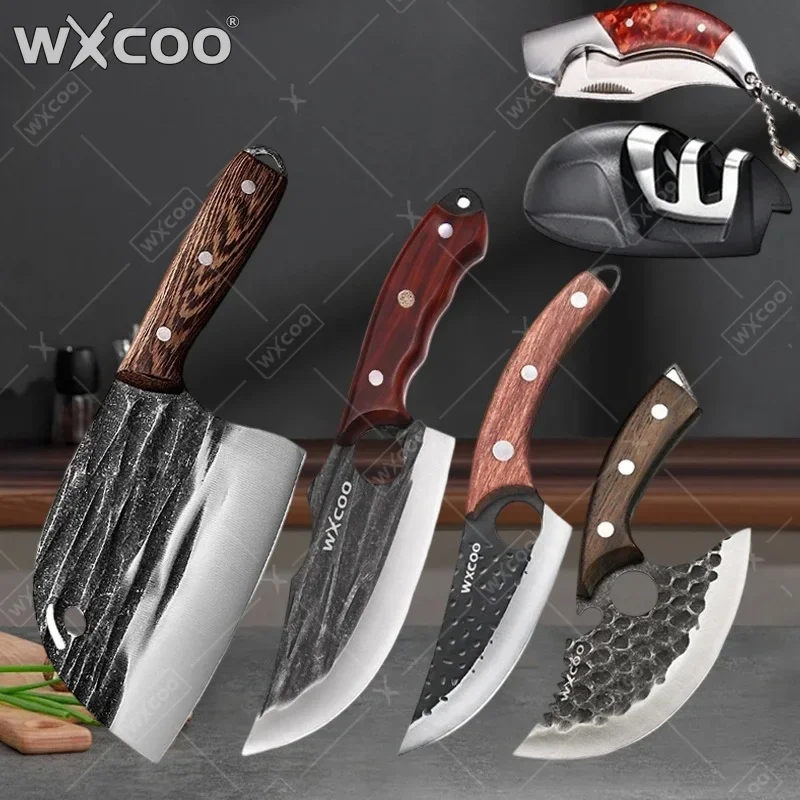 WXCOO Stainless Steel Butcher Knife Household Blade Kitchen Utility Knife Forged Wooden Handle Slicing Fruit Knife Bottle Opener