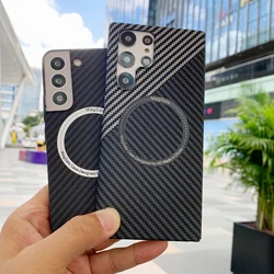 Ultra Slim Carbon Fiber Texture Pattern Magnetic PC Case For Samsung Galaxy S26 Ultra S25 Matte MagSafe Ring Armor Cover Coque