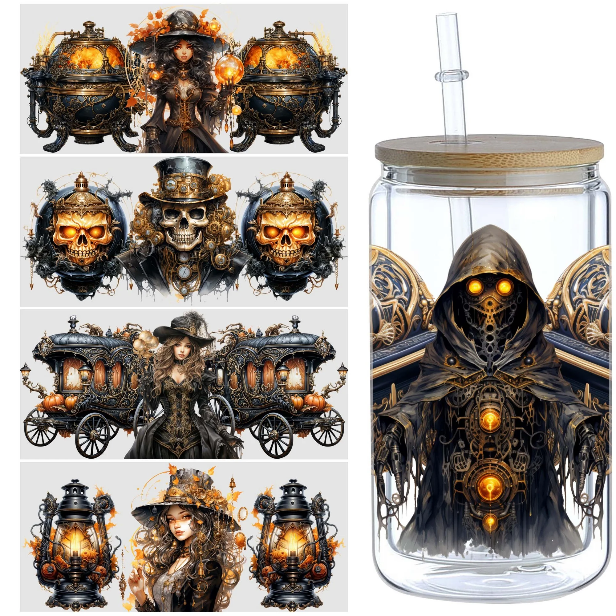 5 sheets Halloween Steampunk UV DTF cup stickers,  waterproof steampunk style wipe transfer paper, suitable for 16 oz glass