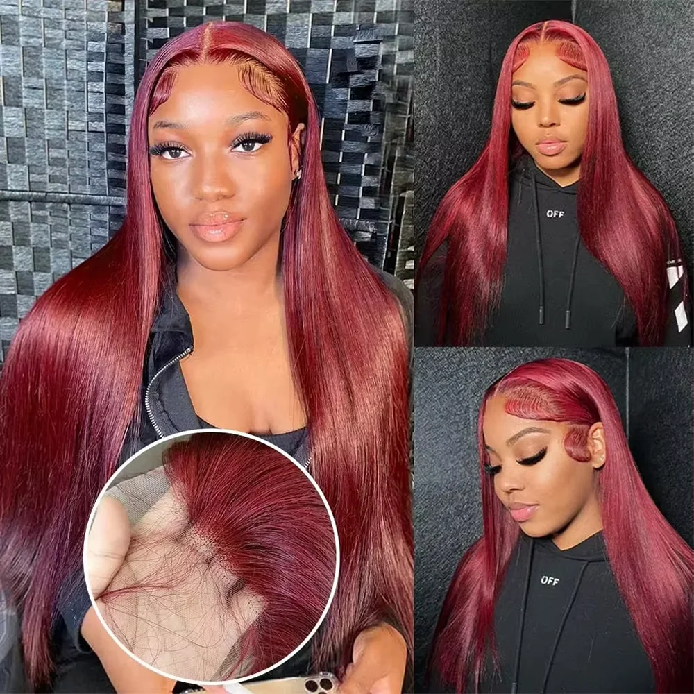 220 Density 40 46 Inches 13x4 Lace Frontal Wig 99J Burgundy Pre plucked Red Colored Bone Straight Wig 13x6 HD Transparent Lace Front Human Hair Wigs 13x4 Lace Frontal Wig 99J Burgundy Preplucked Red Colored Bone Straight Wig view 4