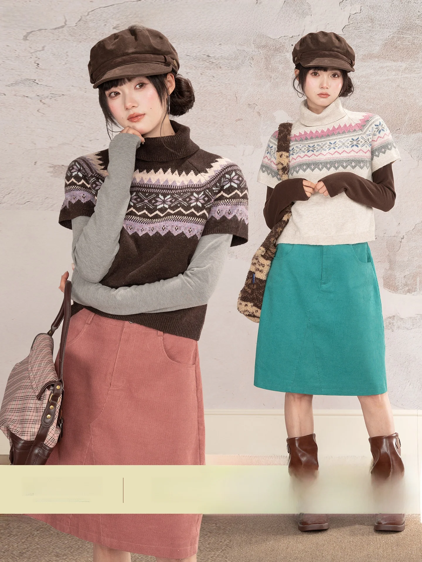 

Heynew Winter Women's Loose High Collar Short Sleeve Knitwear Fair Isle Print Sweater Versatile Layering Top American Style