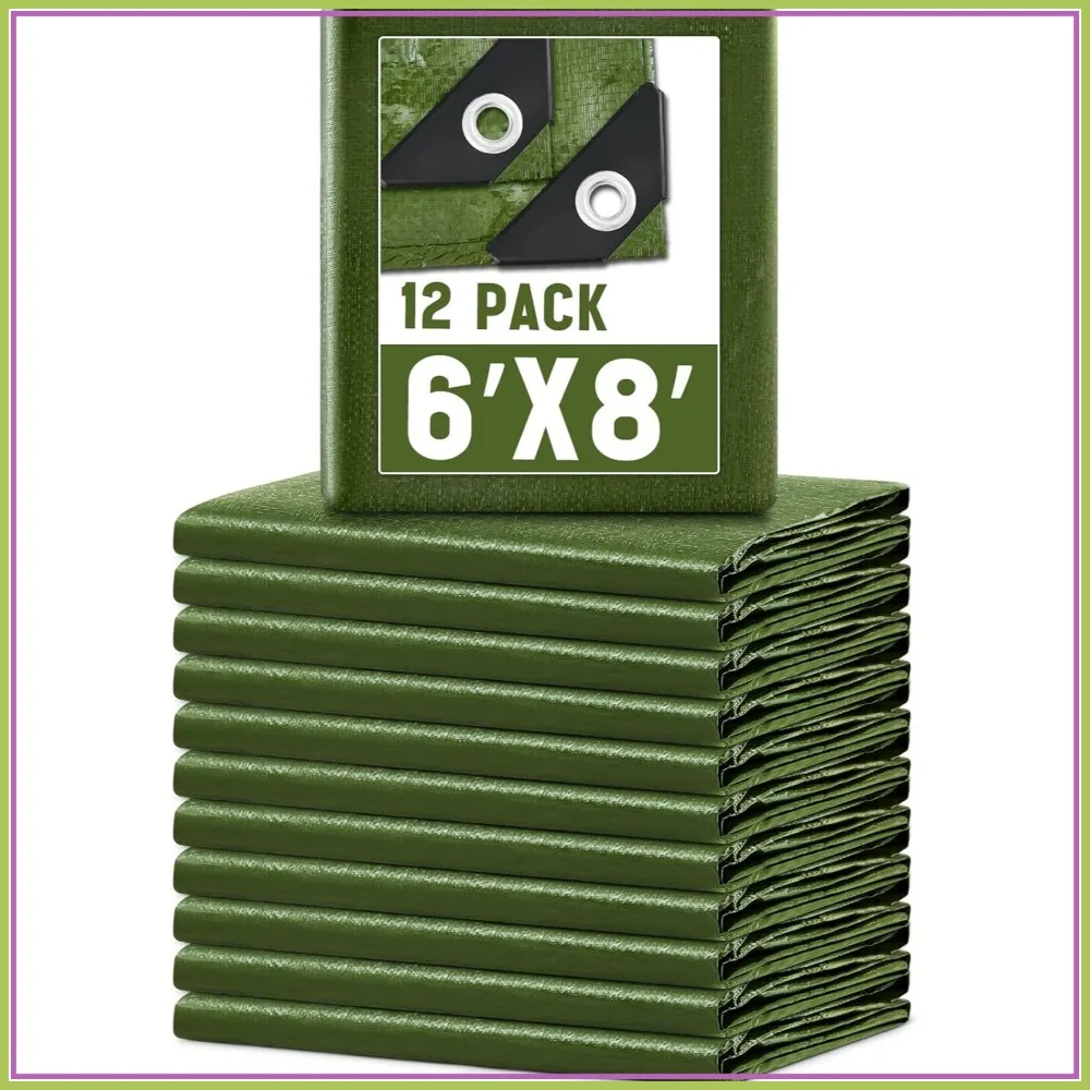 

12 Pack 6x8 ft Heavy Duty Waterproof Tarps, Multi-Purpose Cover for Camping, Car, Patio, Roof, Emergency, Army Green