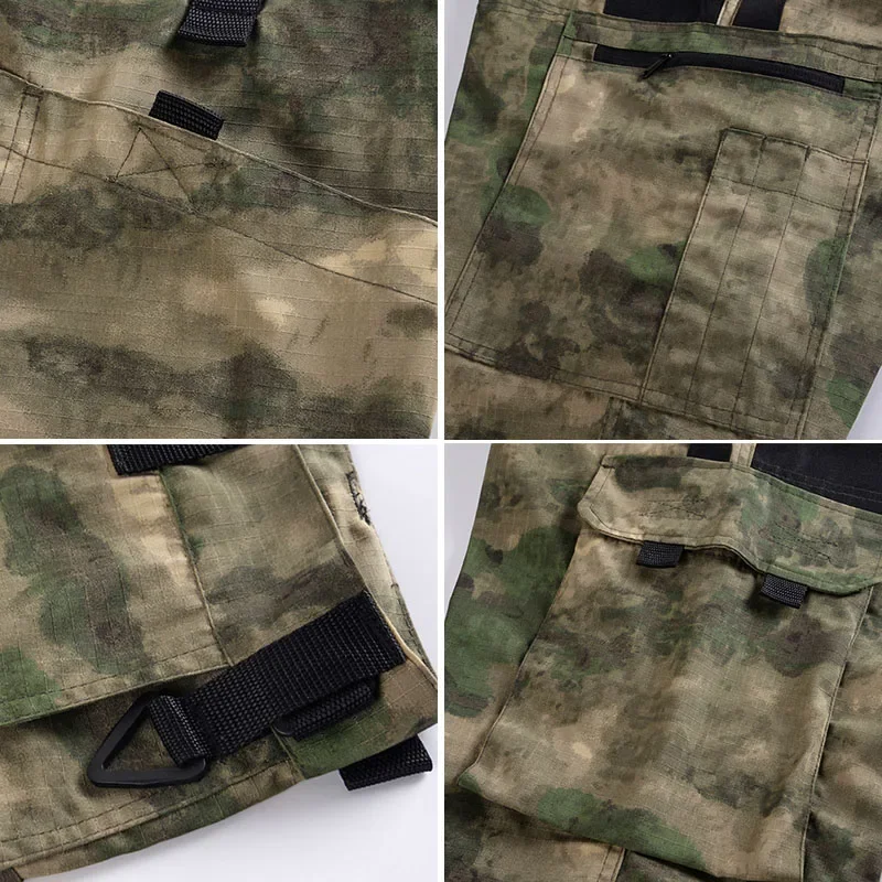 Ruins Camo ยุทธวิธีชุดผู้ชายชุด Breathable Quick-DRY การฝึกอบรม T เสื้อ Multi-Pocket สวมใส่ Cargo กางเกงการล่าสัตว์