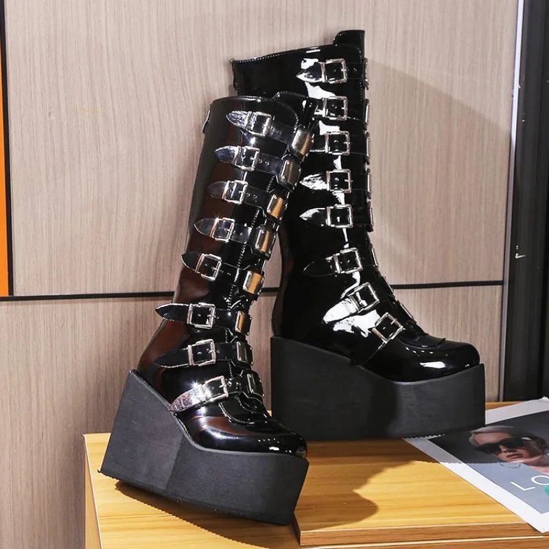 New Women's Cosplay Boots Multi-row Belt Buckle Long Tube Leather Knight Boot Punk Gothic Classic Black High Heel Shoe Knee-High