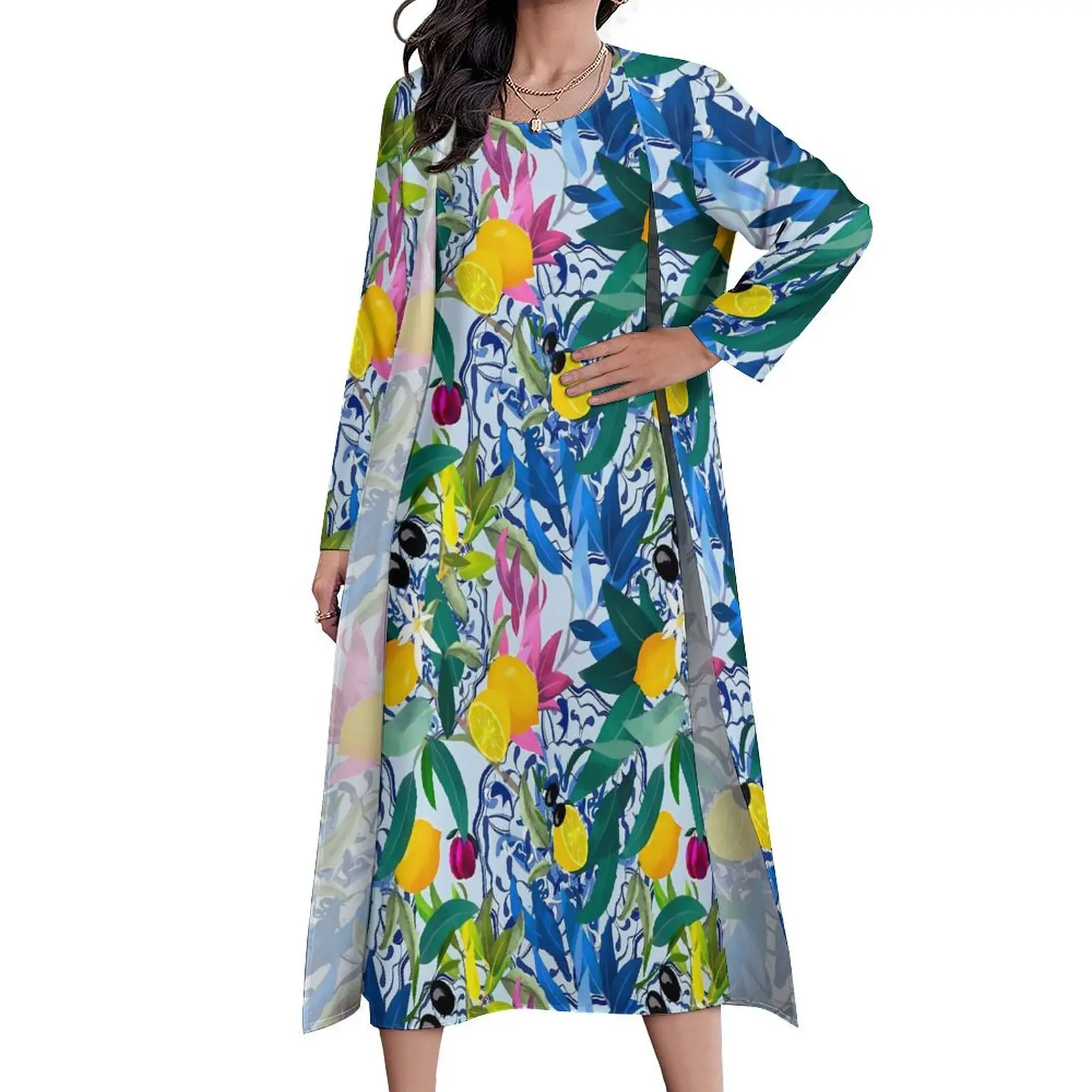 

Fruit Print Dress Colorful Leaves Cute Maxi Dress Two-Piece Design Bohemia Long Dresses Korean Fashion Oversize Vestido