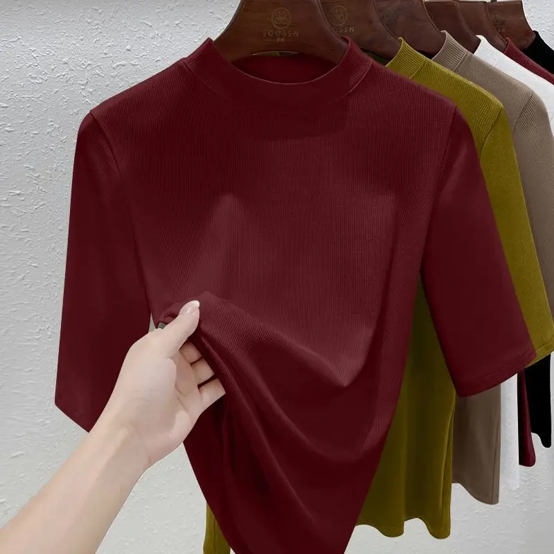 قميص نسائي صغير برقبة دائرية قميص صيفي جديد بأكمام متوسطة تي شيرت علوي