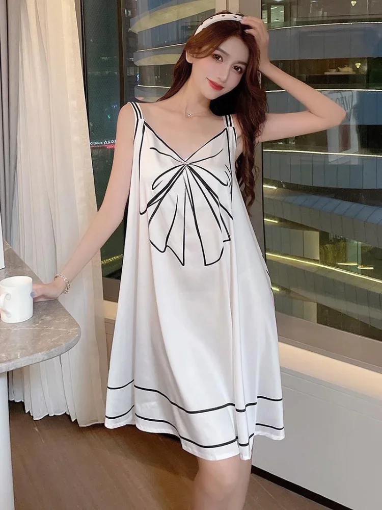 150kg Large Size Loose Nightgown Ice Silk Cool Pajamas Women\'s Summer Thin Loungewear Bow Suspender Nightdress Midi Home Dress