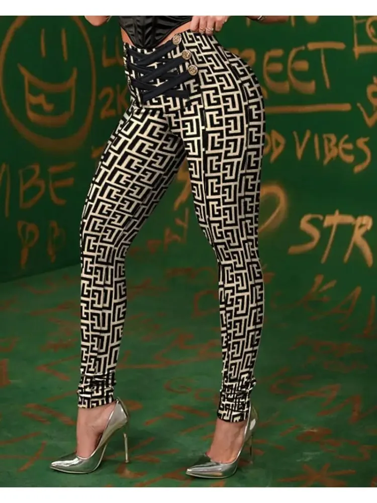 

Women's High-Waist Button Detail Criss-Cross Pencil Pants Geometric Print Butt-Lifting Skinny Trousers for Spring & Autumn Pant