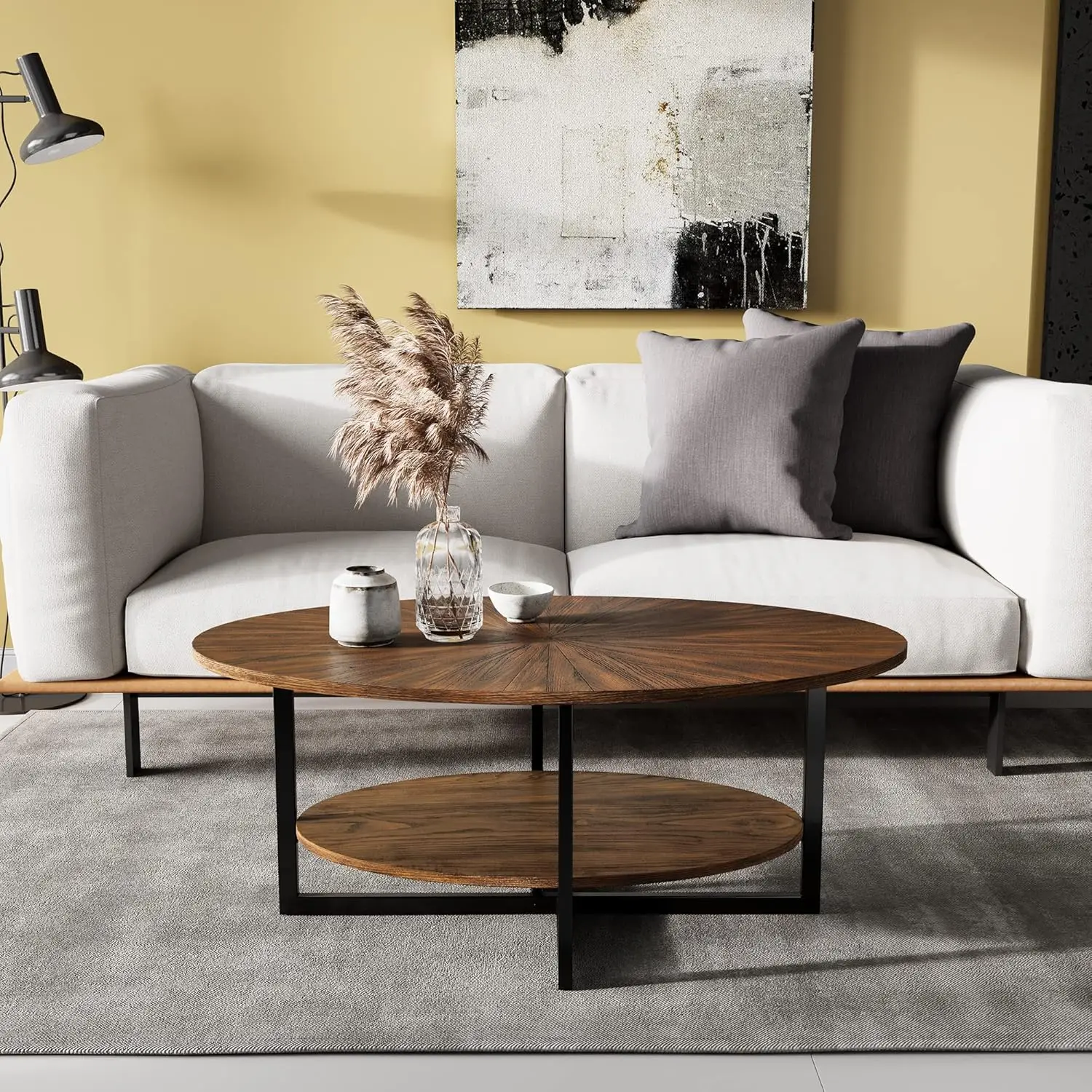 Solid Wood Oval Coffee Table with Cross Metal Legs, 43.3in Modern Industrail Center Table with Open Shelf Cocktail Tea Table