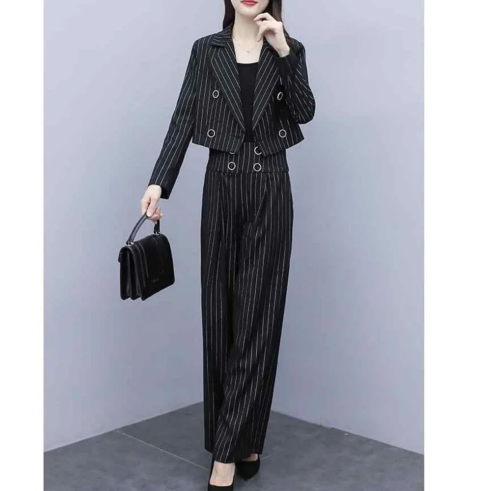 Small Blazers Suit Women\'s Spring New Casual Professional Short Blazer Jacket And Wide Leg Pants Two Piece Set Office Ladies Set