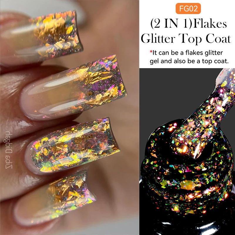 LILYCUTE Glitter Top Coat Gel Polish Soak Off Semi Permanent UV Gel 2 In 1 Chameleon Flakes Powder Nail Art Function Gel Varnish