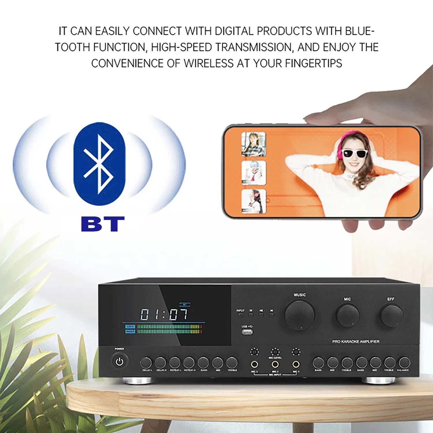 New Professional Sound Amplifier Preamplifier Audio High-power Karaoke Amplifier with USB and BT Amplifier view 6