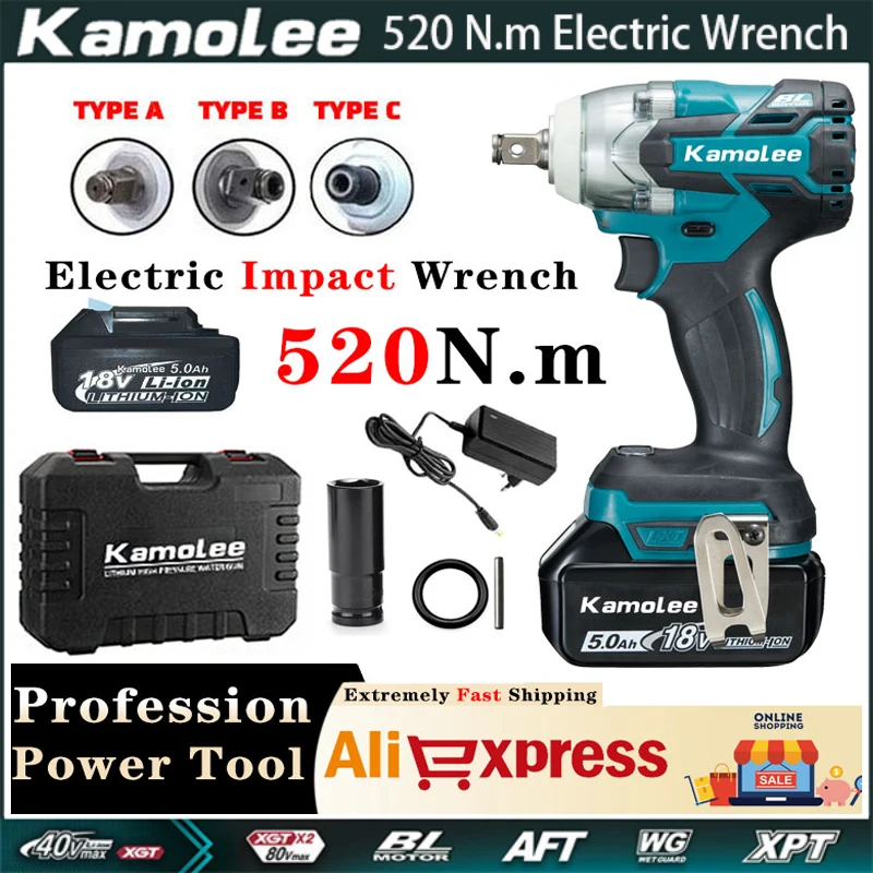 Безщеточный и беспроводной Электроинструмент Kamolee 520N. Электрический ударный гайковерт совместим с батареей Makita 18 в
