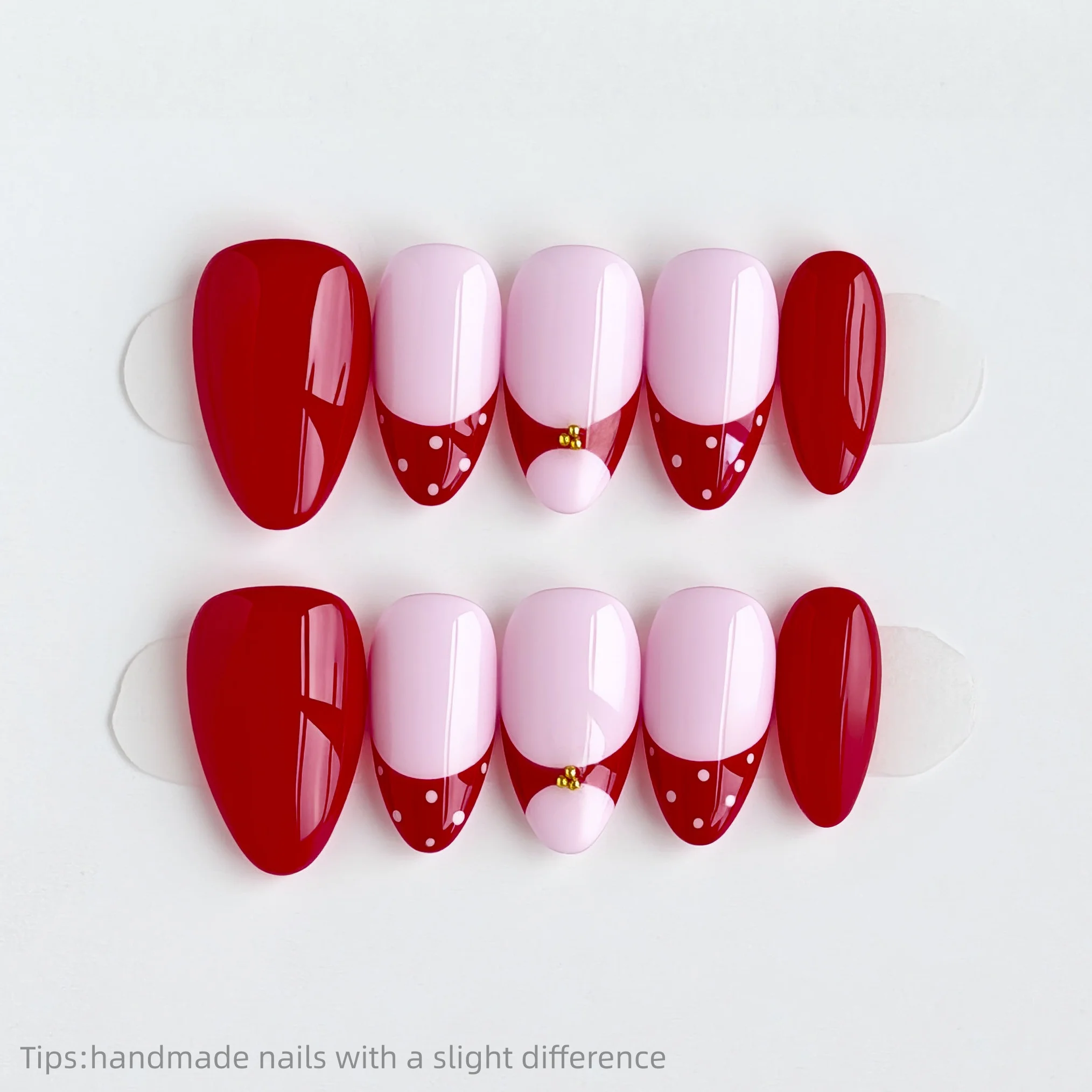 

10pcs Handmade Red Pink Polka Dot Press on Nails Almond Short Wearable Reusable Korean Sweet False Nails 2026