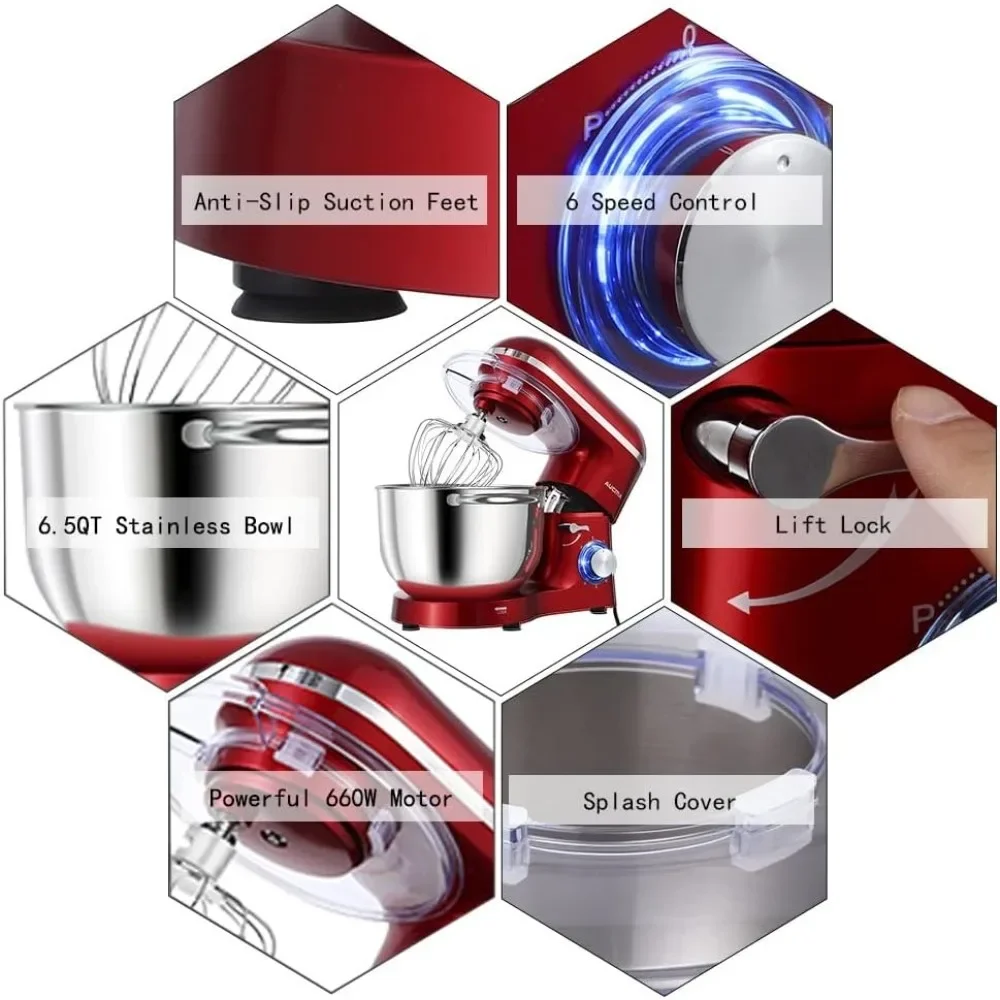 خلاط ستاند، 6.5-QT 660 وات، خلاط طعام برأس مائل 6 سرعات، خلاط كهربائي للمطبخ مع خطاف عجين، سوط سلكي
