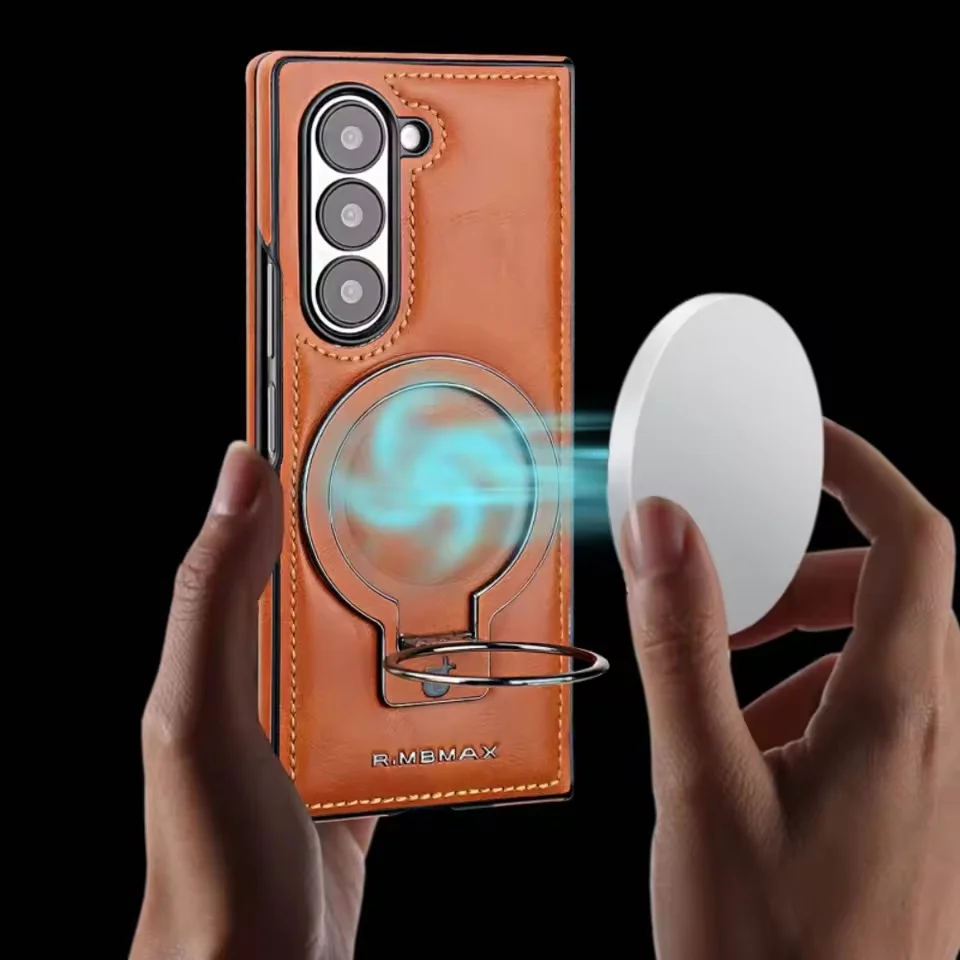 

Роскошный кожаный чехол с магнитным кольцом-держателем для Samsung Galaxy Z Fold 7, 6, 5, 4, 3, чехол с беспроводной зарядкой Fold7, защитный чехол