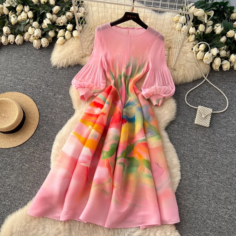 Miyake Pleated Print Dresses 2026 Summer New Round Neck Lantern Sleeve A-Line Flower Bud Dress Elegant Stretch Women's Clothing