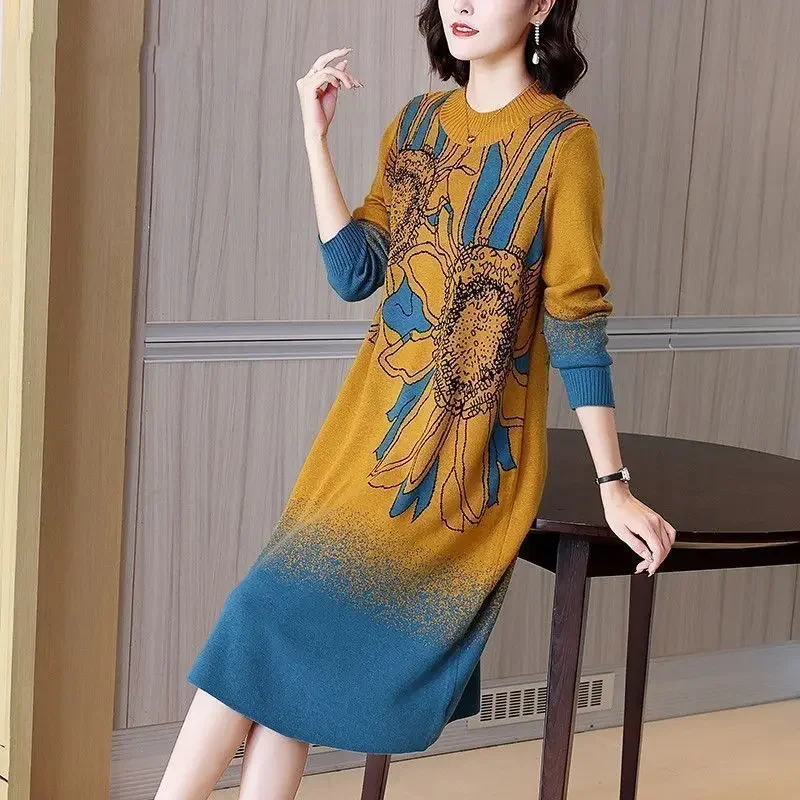 حجم كبير في منتصف العمر وكبار السن الخريف والشتاء فستان الأم الجديد منتصف طول سترة داخلية المرأة محبوك قاع قميص