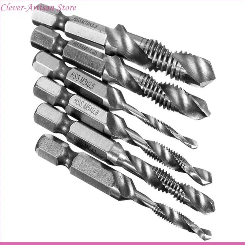 E06B 6pcs M3-M10 Tornillo tornillo Bits HSS Taps Counterink Desburr Set Metric Combination Bit 1/4 pulgadas Cambio rápido