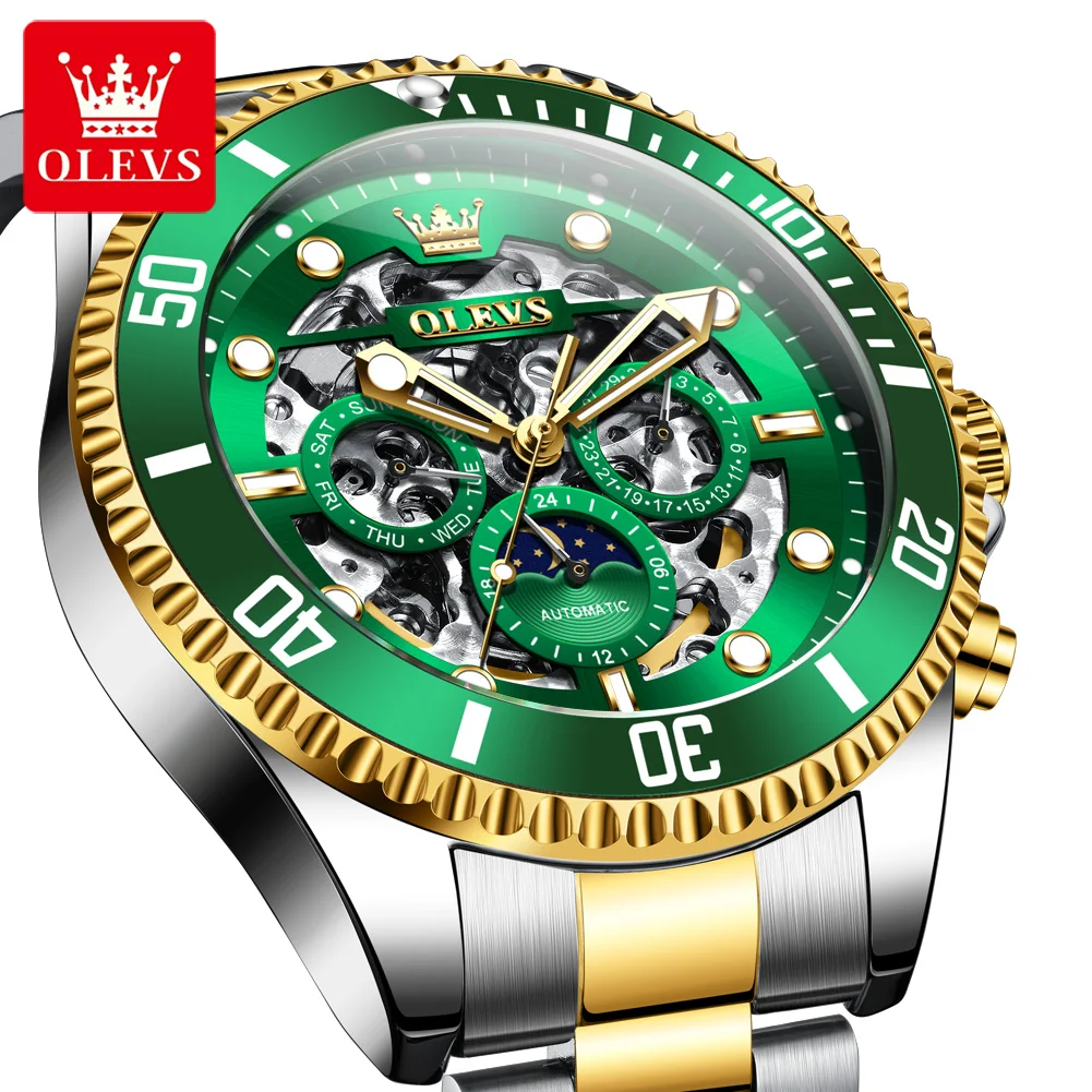 OLEVS 6715 Luxury Top Man Watch Moon Phase Green Water Ghost Series Original Skeleton Automatic Mechanical Wrist Watch for Men