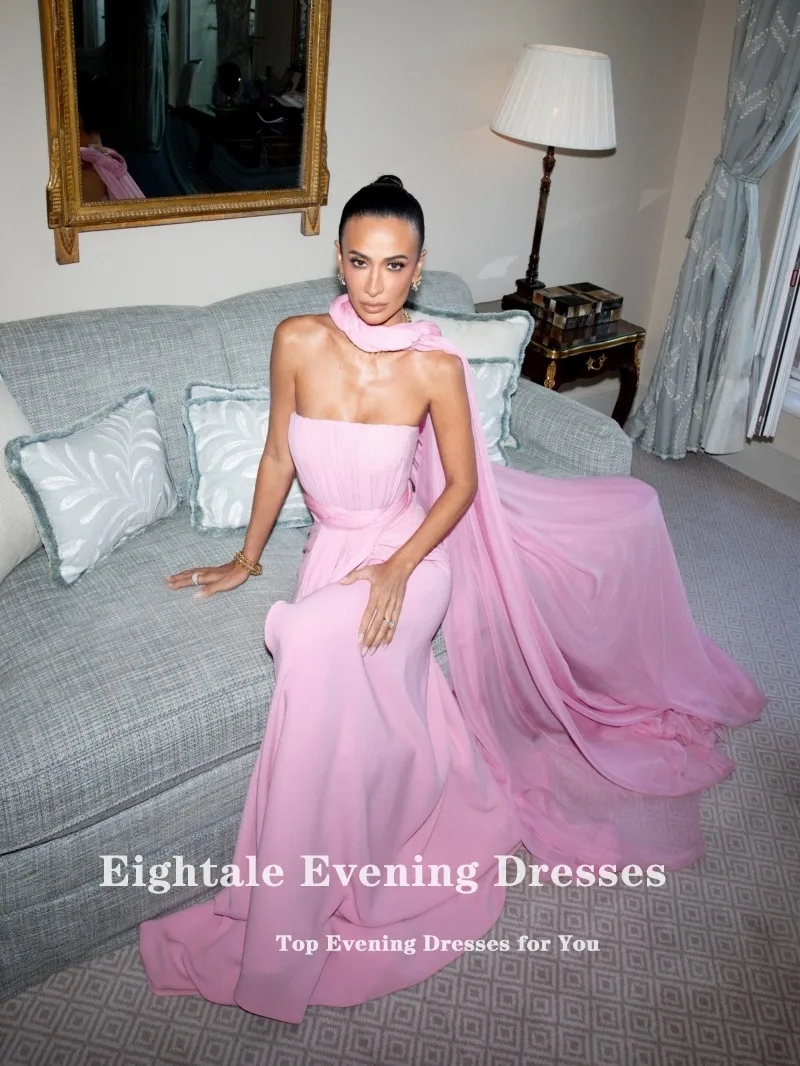 Eightale Arabic Evening Dresses for Wedding Party Pleats Chiffon Strapless Formal Customized A-Line Pink Prom Gowns