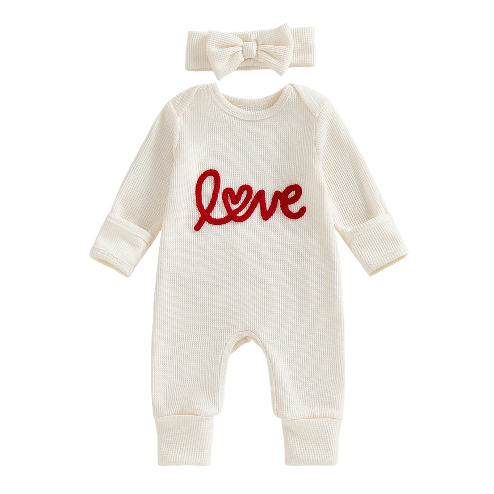 

Комбинезон на День Святого Валентина для маленьких девочек, вафельный комбинезон с вышивкой букв и длинными рукавами, круглым вырезом и повязкой на голову с бантом