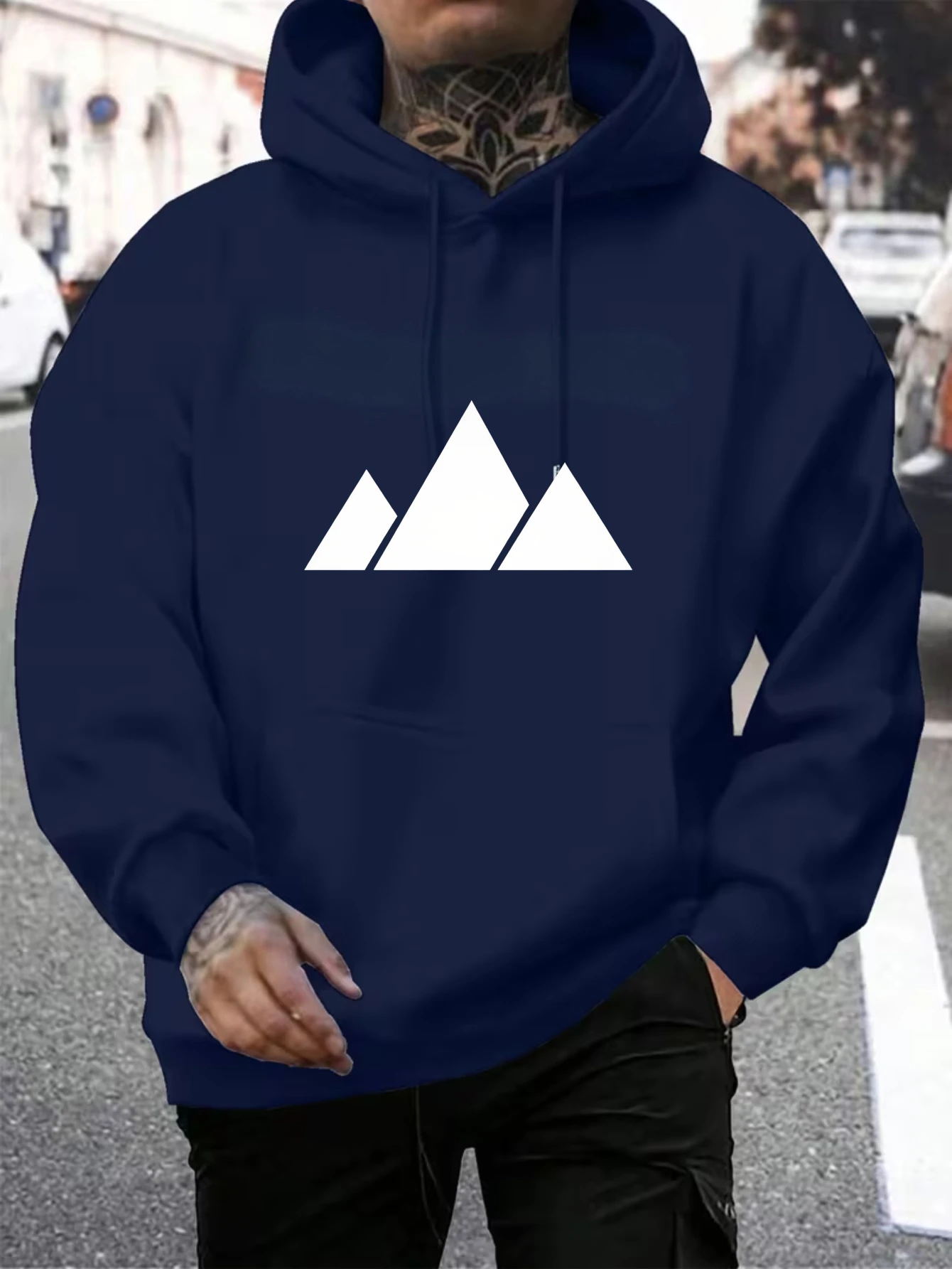 2026 New ModelMinimal Triangle Mountain Print Hoodie Men Oversized Casual Hooded Sweatshirt Street Style Pullover