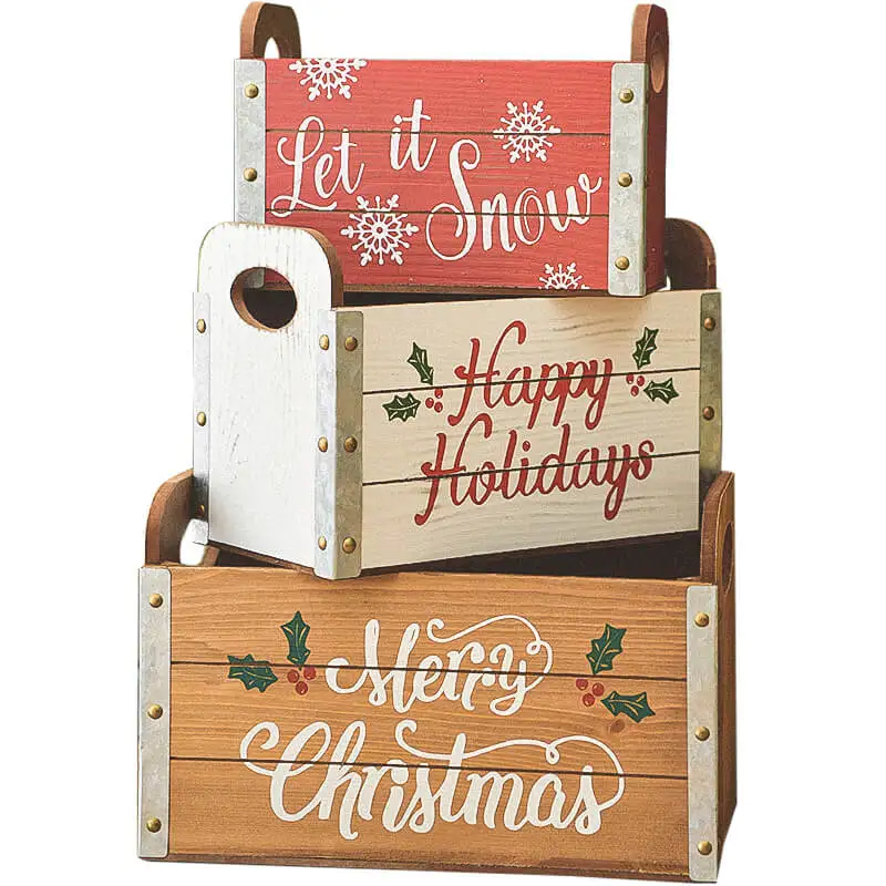 

Set of 3 Vintage Wooden Crate Box for Christmas Ornaments Storage