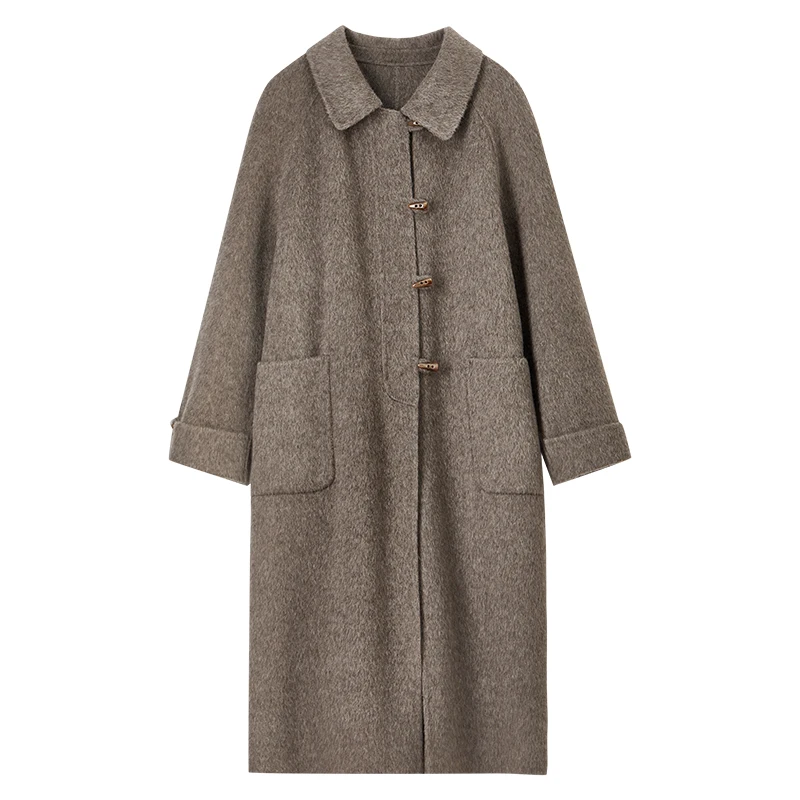 SENTUBILA Women's Tweed Jackets 100% Wool 2025 Winter Elegant Long Coats Bull Horn Buckle Big Pockets Woman Overcoat W44O55978