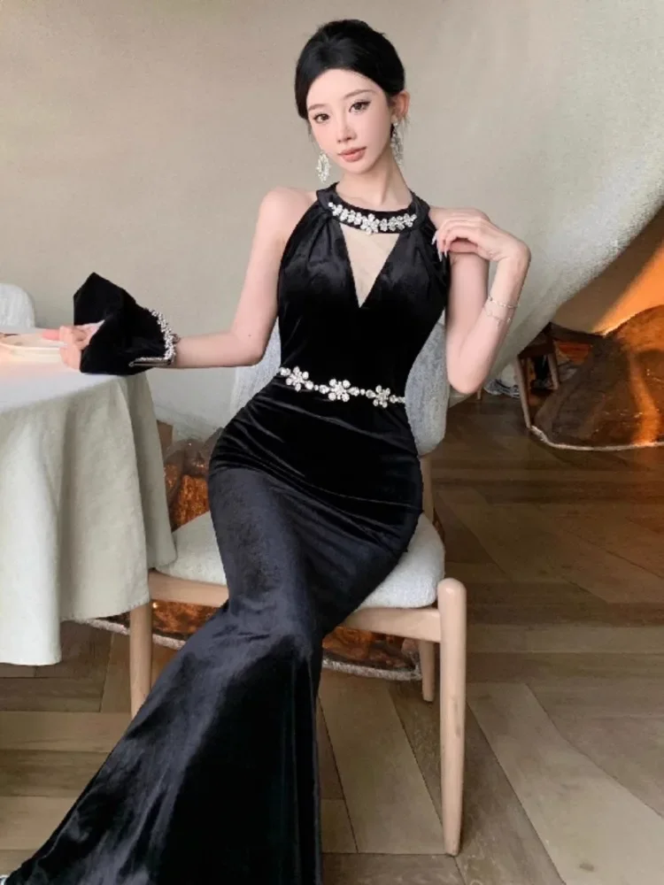 Topanoma Evening Dresses Women Sexy Sleeveless Rhinestone Velvet Vintage Elegant Cocktail Birthday Party Mermaid Dress Banquet