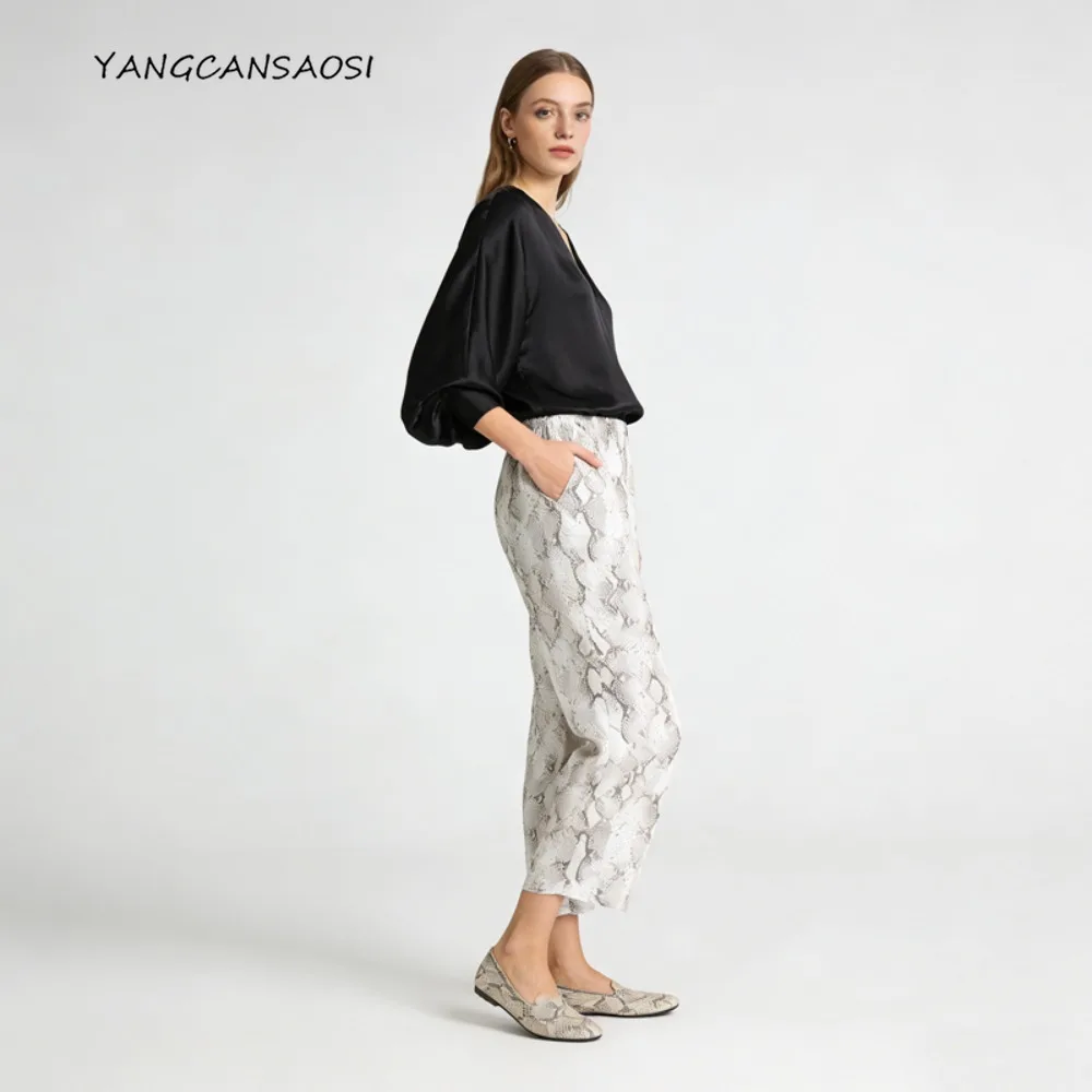 بنطلون صيفي 100% من حرير التوت الطبيعي كريب دي تشاين، سروال نسائي فضفاض بتصميم جيب مزدوج وخصر مطاطي مطبوع