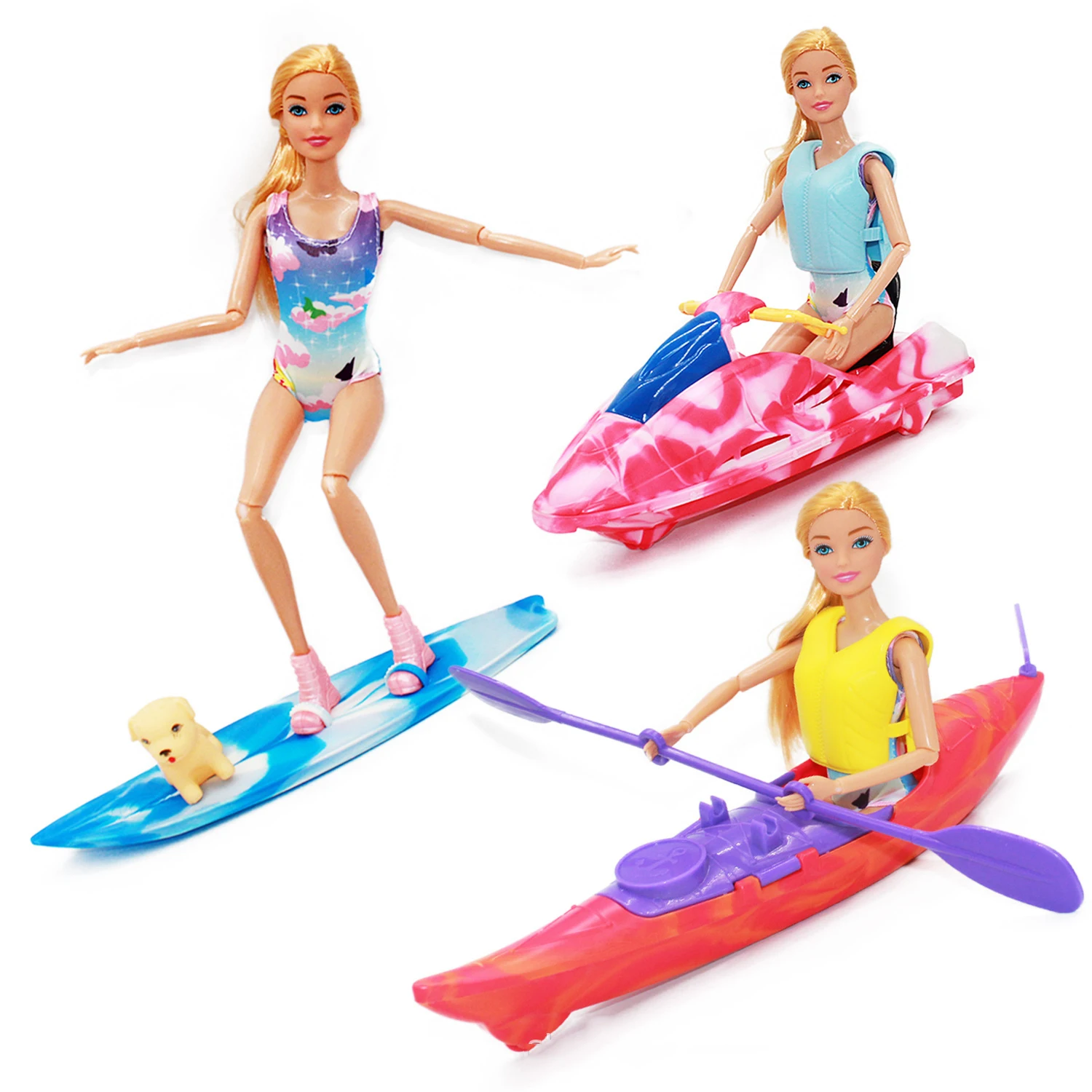 10PCS 30cm Doll  Summer Beach Surfing Set Swimsuit Swimsuit Lifesaving Diving kayak surfboard Motorboat beach chair