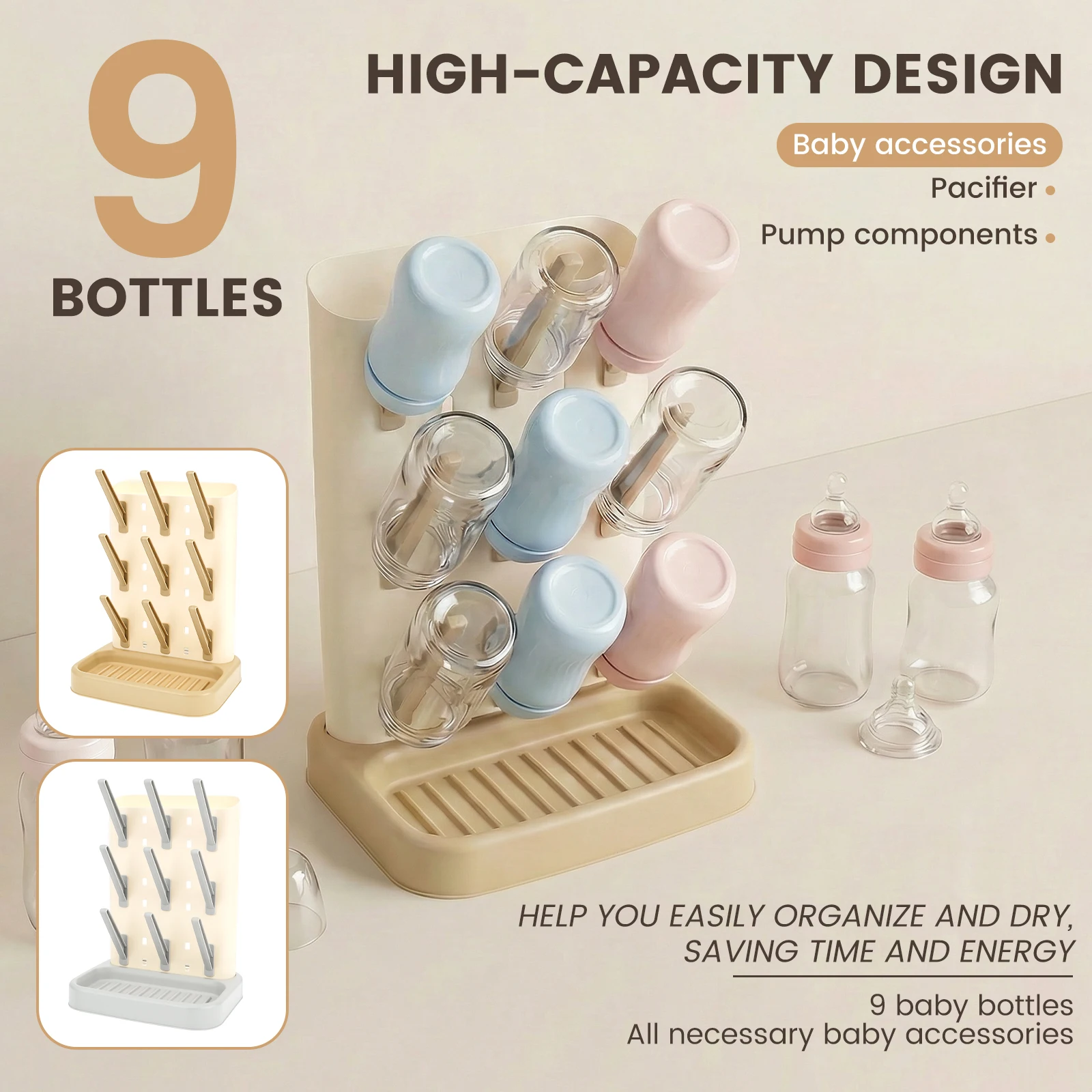 Baby Bottle Drain Rack Large Capacity Vertical Standing Bottle Dryer Holder with Detachable Bottom Drip Tray Water Cup Organizer