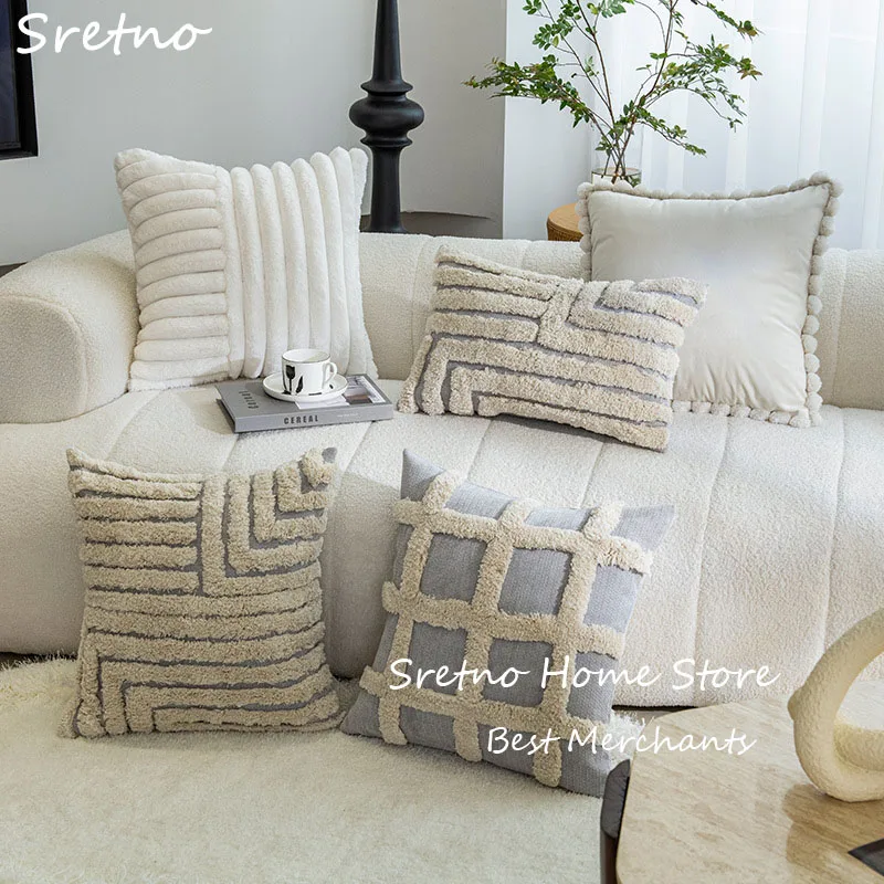 

Cream Colored 3D Flocking Family Cushions Cover Modern Simple and Luxurious Pillow Covers Car Sofa Decorative Pillowcase 45x45cm