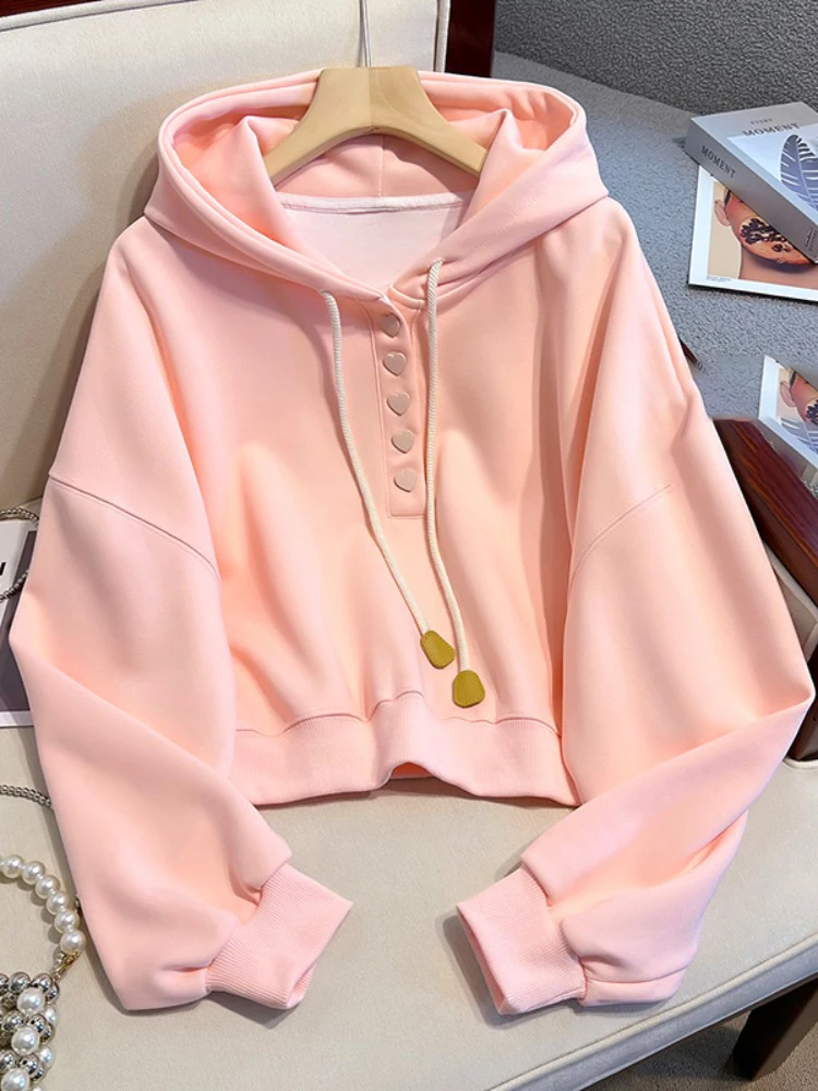 Heart Shaped Button O-neck Short Hoodie Pink Fresh Sweet Hooded Jacket Top 2024 Autumn/Winter New Fashion Women's Clothing