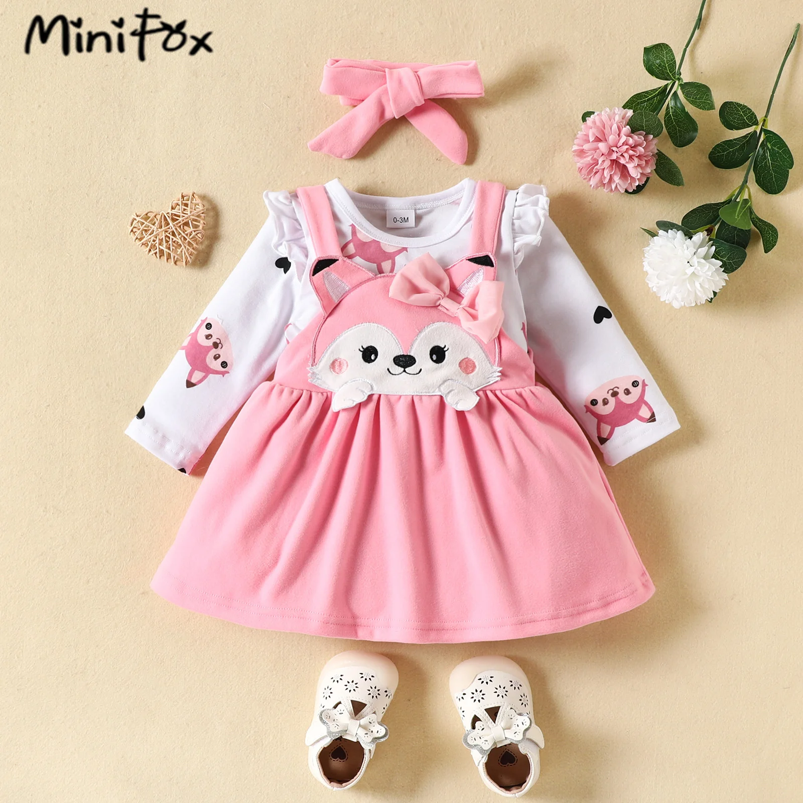 MiniFox Spring Cartoon Baby Dresses White Heart Bodysuit and Cute Fox Dress For Girls Infants Kids Baby Clothes Outfit Sets