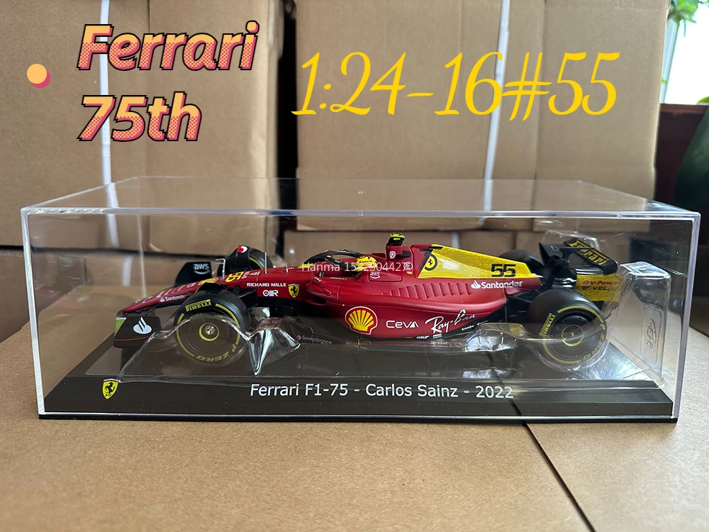 NEW Bburago 1；24 F1 2022 Ferrari 75th Anniversary Giallo Modena 16# Leclerc 55#Sainz Alloy Die Cast Car Model Toy Acrylic Box