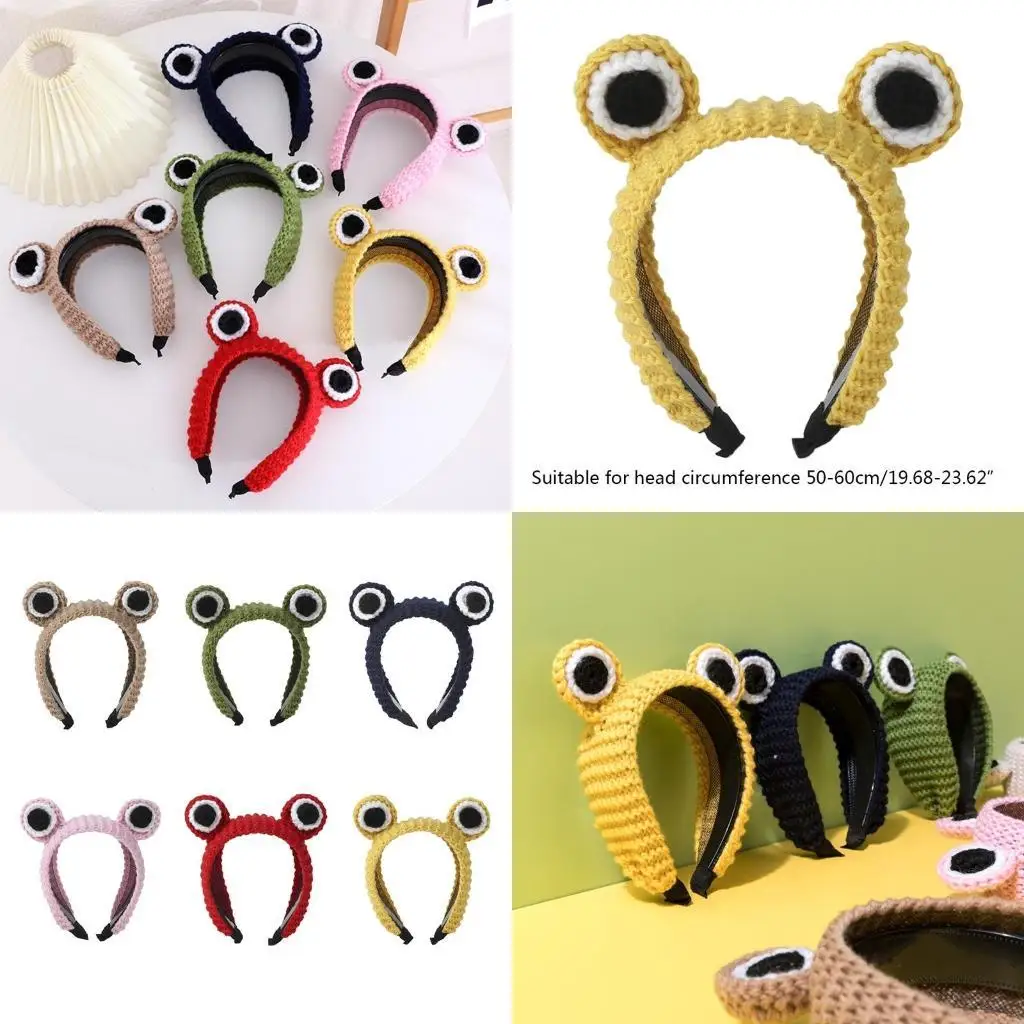 

31BF Knitted for Frog Headband Wide Wash Face Headdress Big Eyes Party Hair Accessory