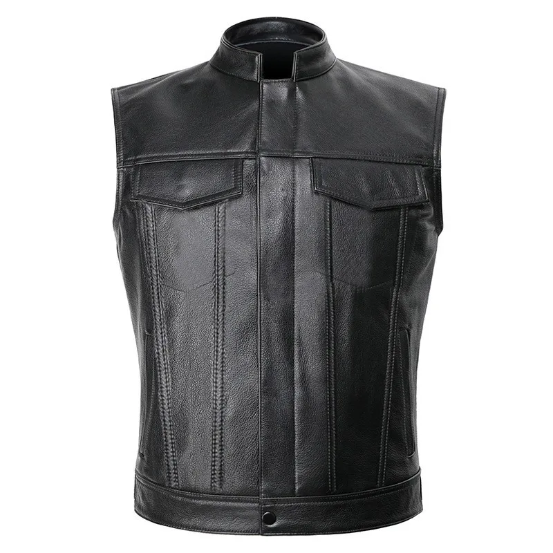 Purchase 2025 new vest, solid color zipper button motorcycle, casual outdoor punk top, leather vest