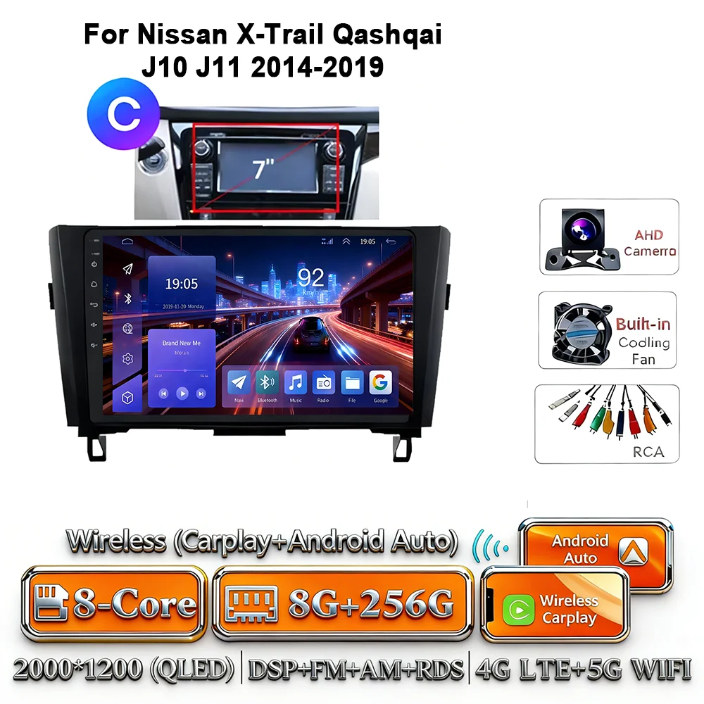 8-Core Android 17 2Din autoradio voor Nissan X-Trail Qashqai J10-J11 2014-2019 draadloze Carplay 4G GPS DSP BT dubbele lens