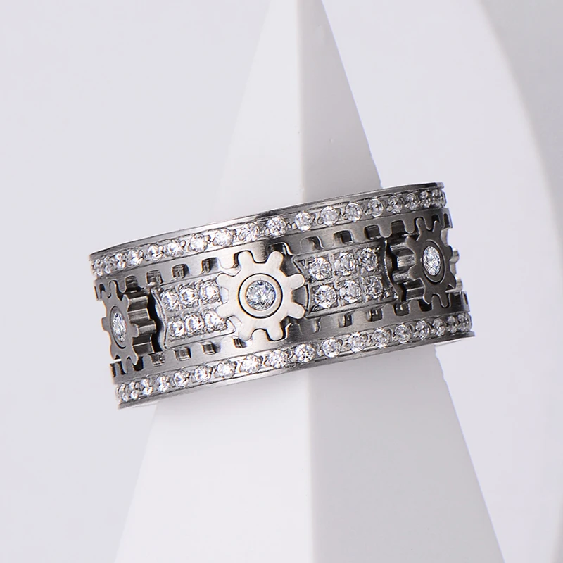 Stainless Steel Gear Wheel Style Ring CZ Zircon Rotating Relieve Stress Artifact Circle For Men Women Unisex-Adult Ring Jewelry