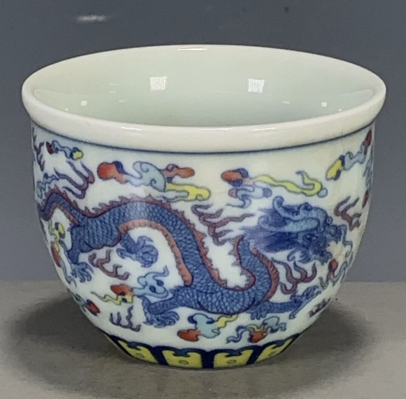 

Chinese Ming Chenghua Blue & White Doucai Porcelain Dragon Phoenix Teacup 3.15"