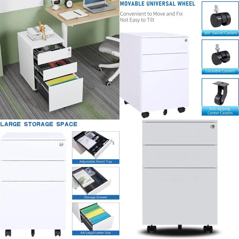 Steel Mobile File Cabinet with Lock, 3 Drawers, Legal/Letter/A4/F4 Size, Fully Assembled, Wheels Included, Suitable for Home and